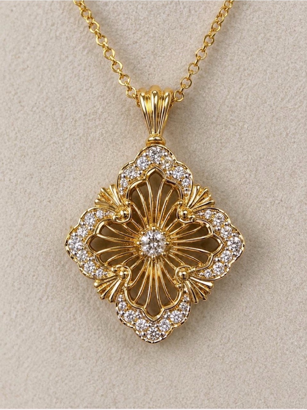 Gold Tone Crystal Filigree Floral Pendant Necklace Statement Jewelry